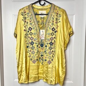 NWT Johnny Was Hendaya Yellow Satin Embroidered Blouse, Size L,